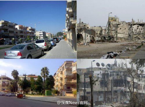 战争前后叙利亚城镇对比图
